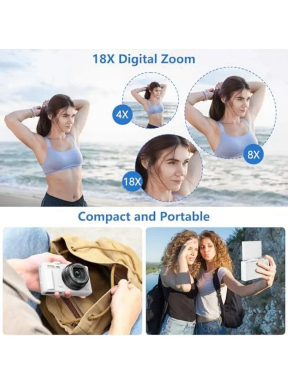 4K Vlogging Camera with 180° Flip Screen, 18X Zoom, Compact, 32GB Card & 2